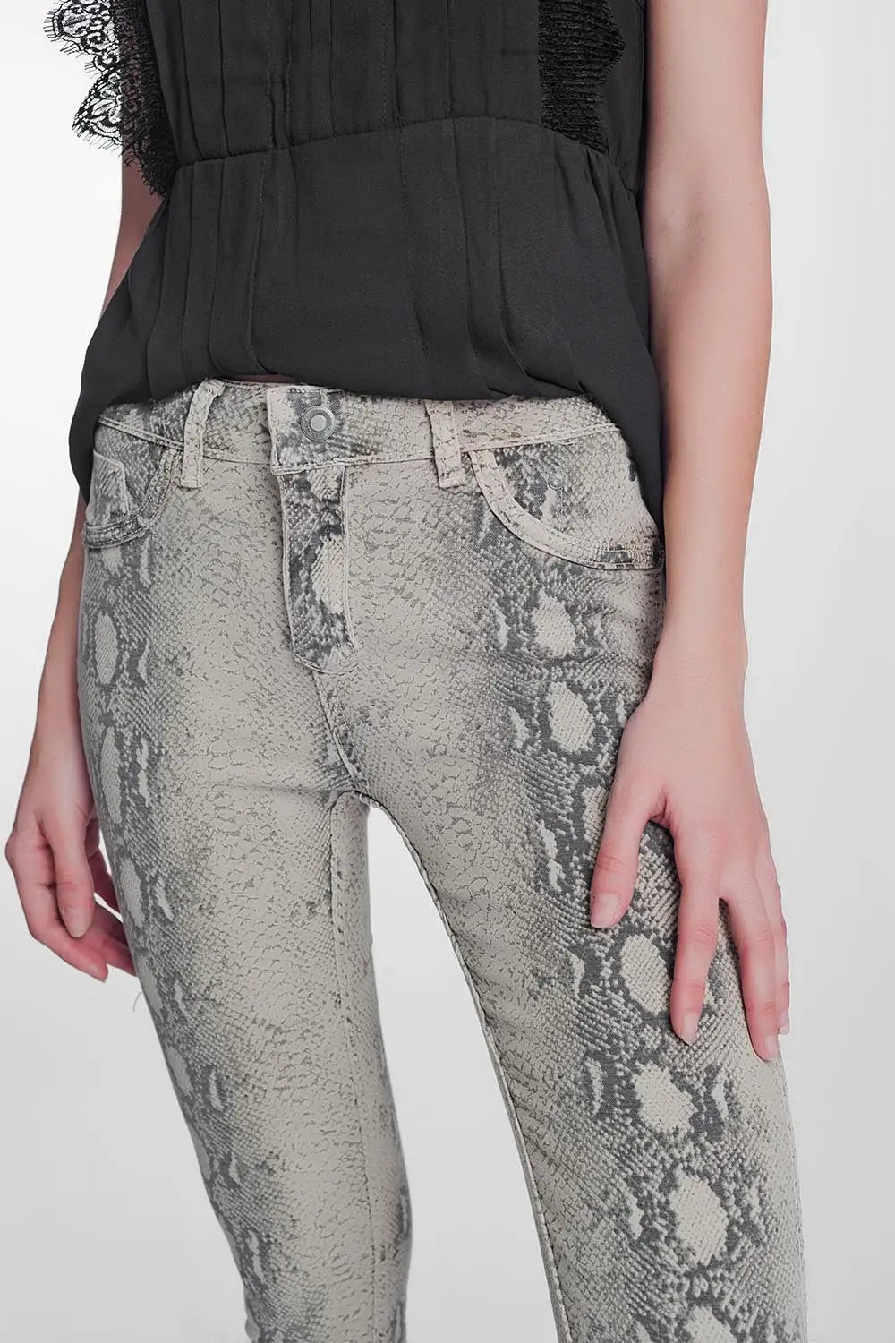 beige super skinny reversible pants with snake print - Jeans