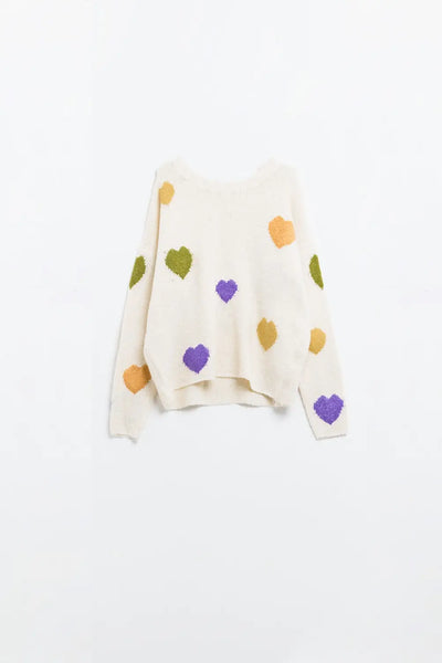 Q2 Beige sweater with boat neck and heart print
