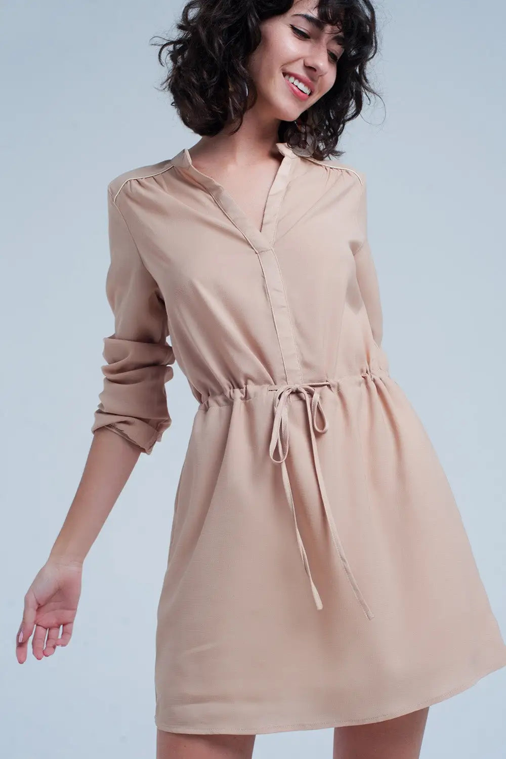 Beige tie waist shirt mini dress - Dresses