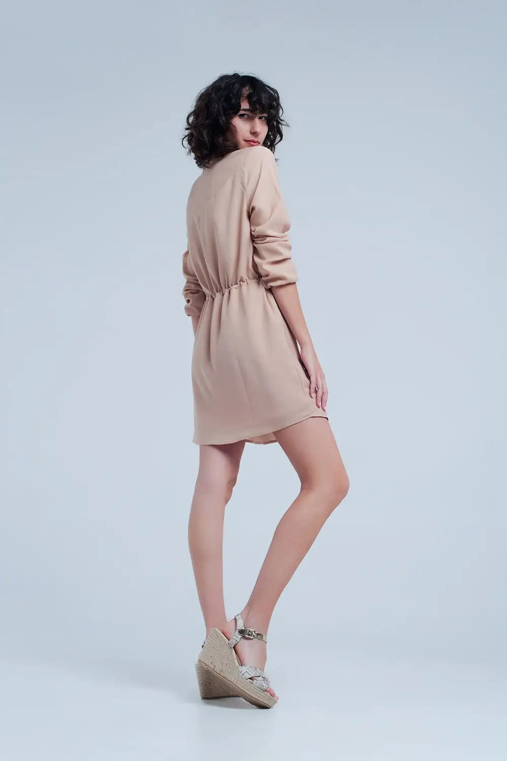 Beige tie waist shirt mini dress - Dresses