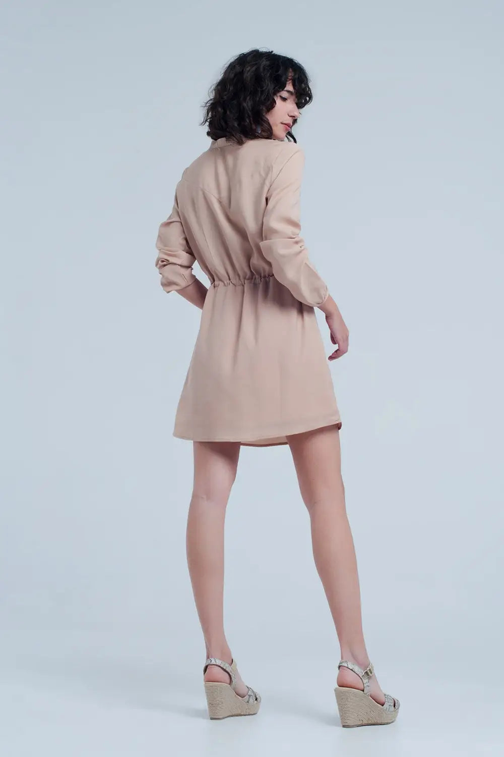 Beige tie waist shirt mini dress - Dresses
