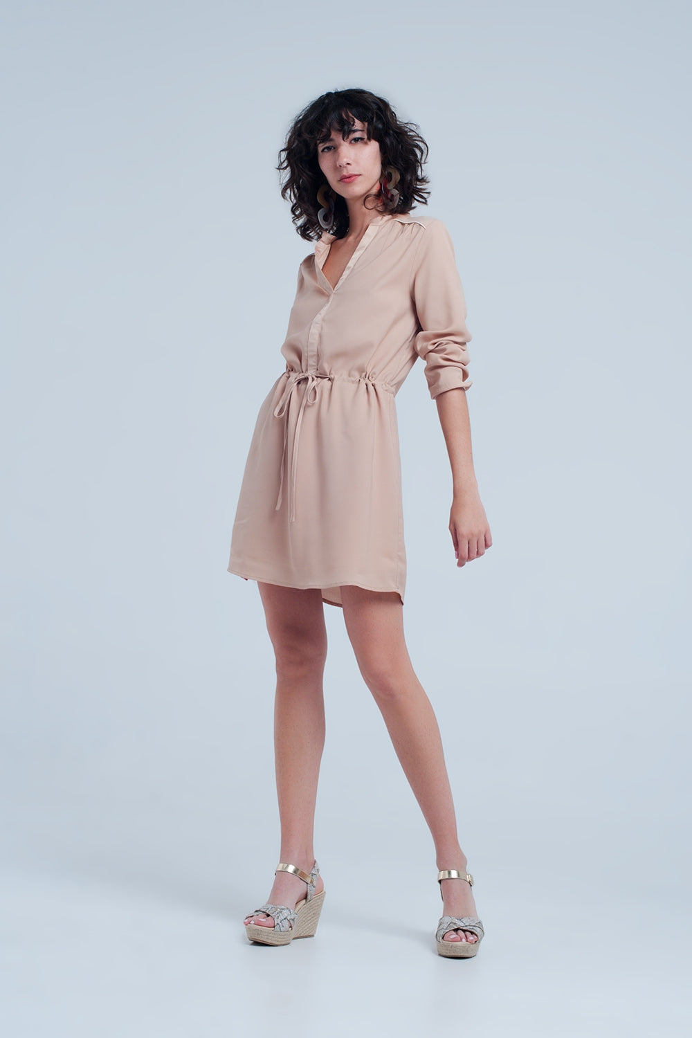 Beige tie waist shirt mini dress