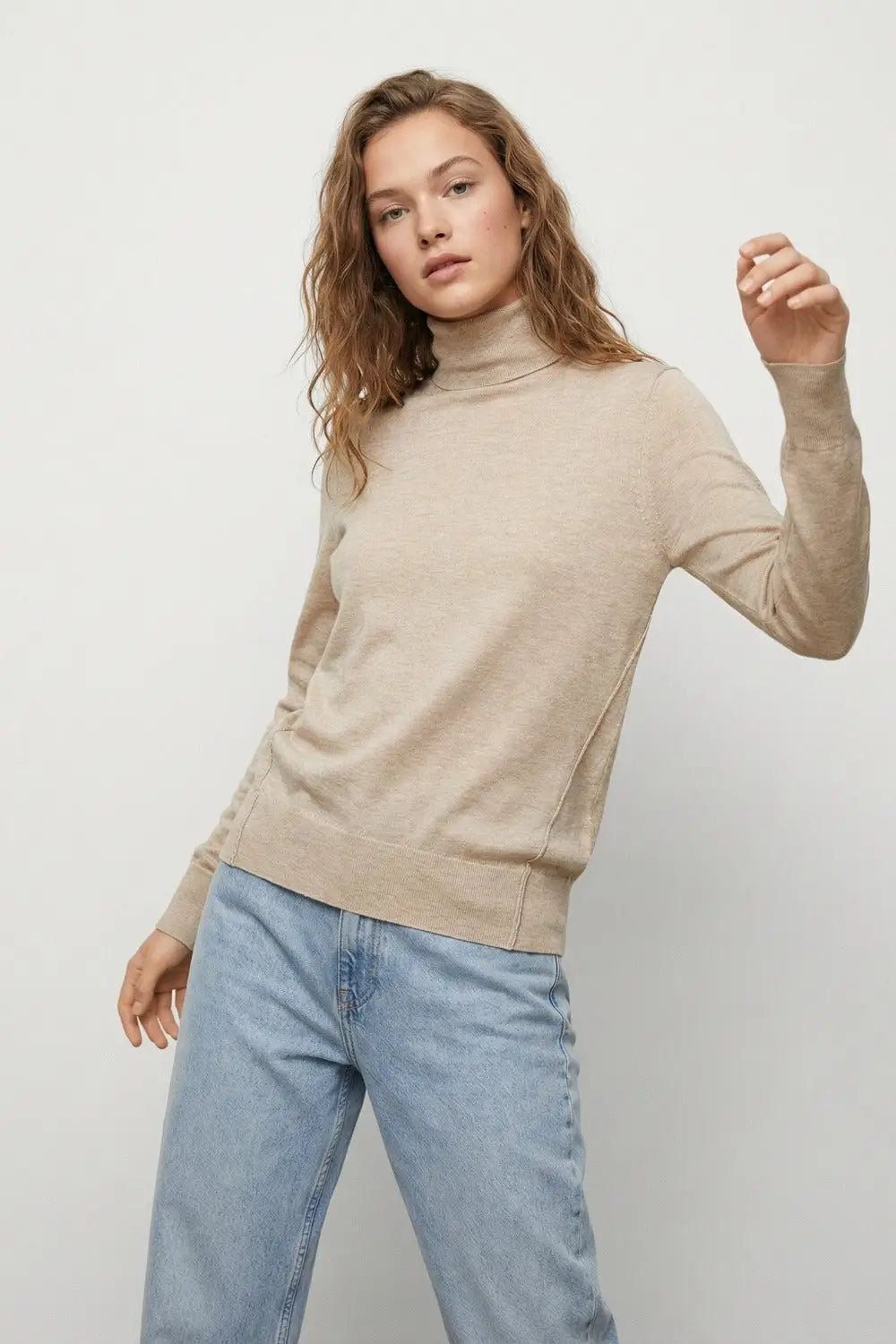 Beige turtleneck sweater in fine merino wool knit - One Size / Beige