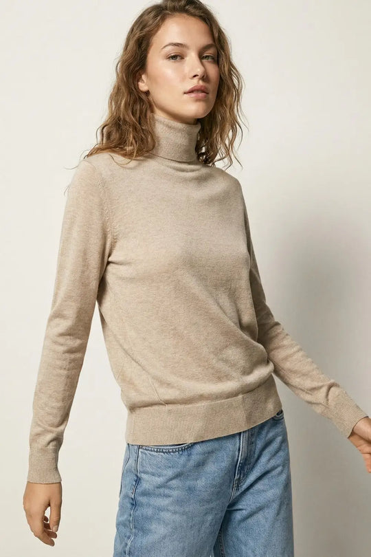 Beige turtleneck sweater in fine merino wool knit - One Size / Beige