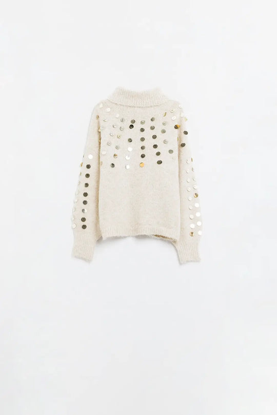 Q2 Beige turtleneck sweater with sequin details
