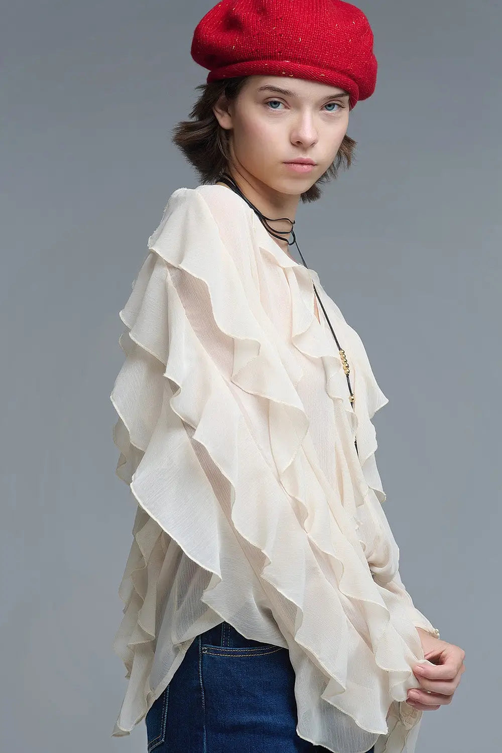 Q2 Beige V-Neck All Over Ruffle Blouse