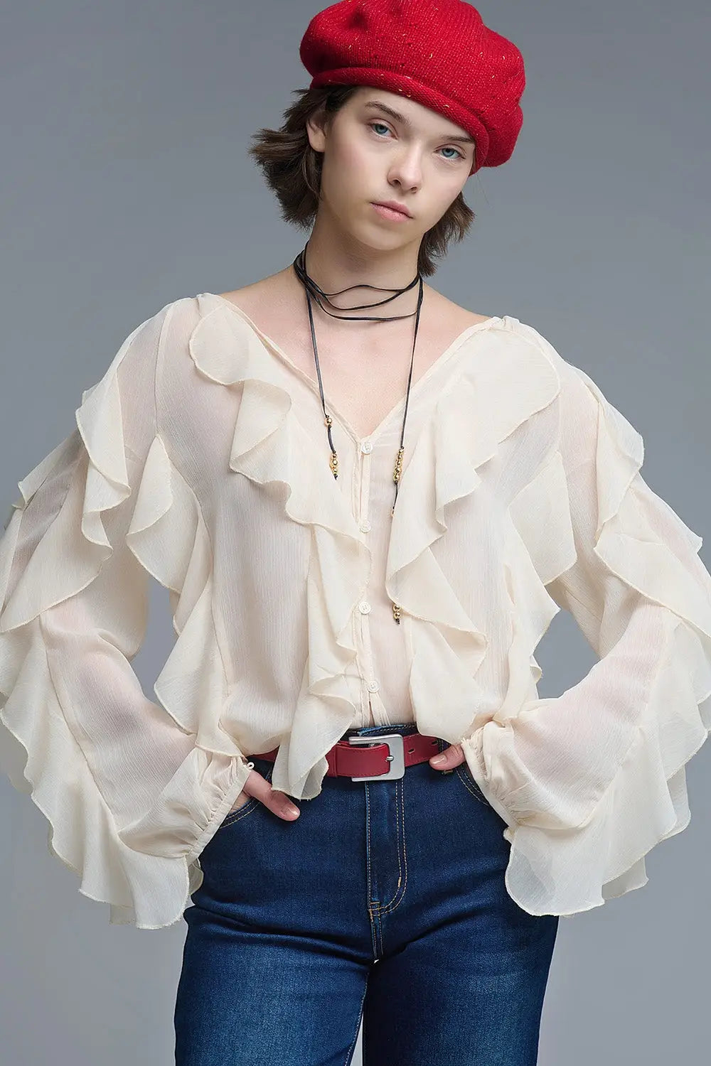 Beige V-Neck All Over Ruffle Blouse - Tops