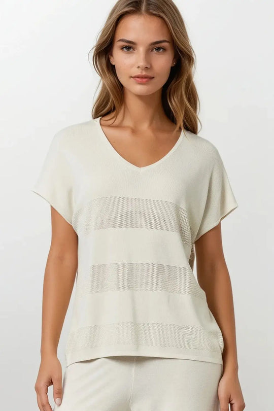 Q2 Beige V-neck knit sweater with open stitch detail