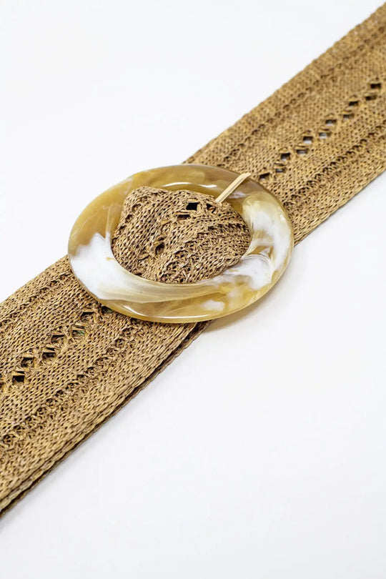 Beige woven belt with round buckle with marble effect - One Size / Brown - Accesory