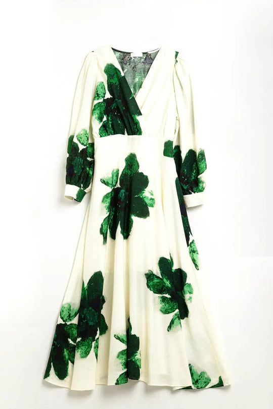 Q2 Beige wrap maxi dress with green tropical floral print and long sleeves