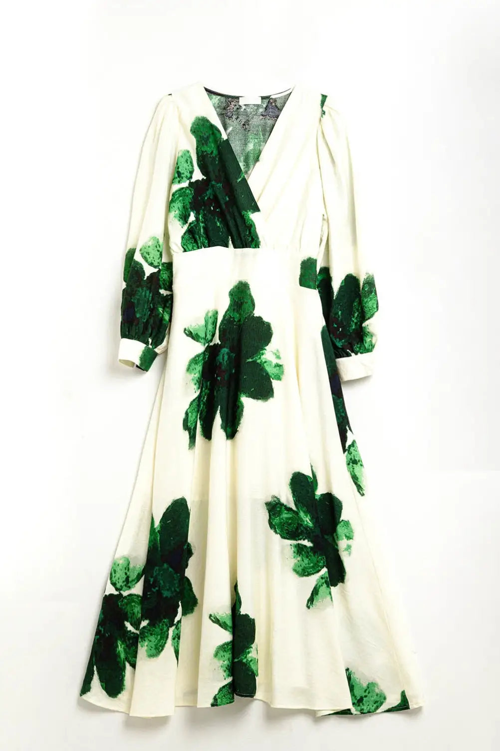 Beige Wrap Maxi Dress with Green Tropical Floral Print and Long Sleeves Large / Green Beige Wrap Maxi Dress with Green Tropical Floral Print and Long Sleeves Large / Green