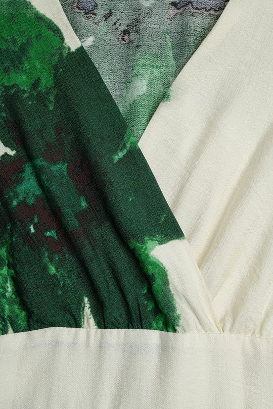 Beige wrap maxi dress with green tropical floral print and long sleeves - Dresses