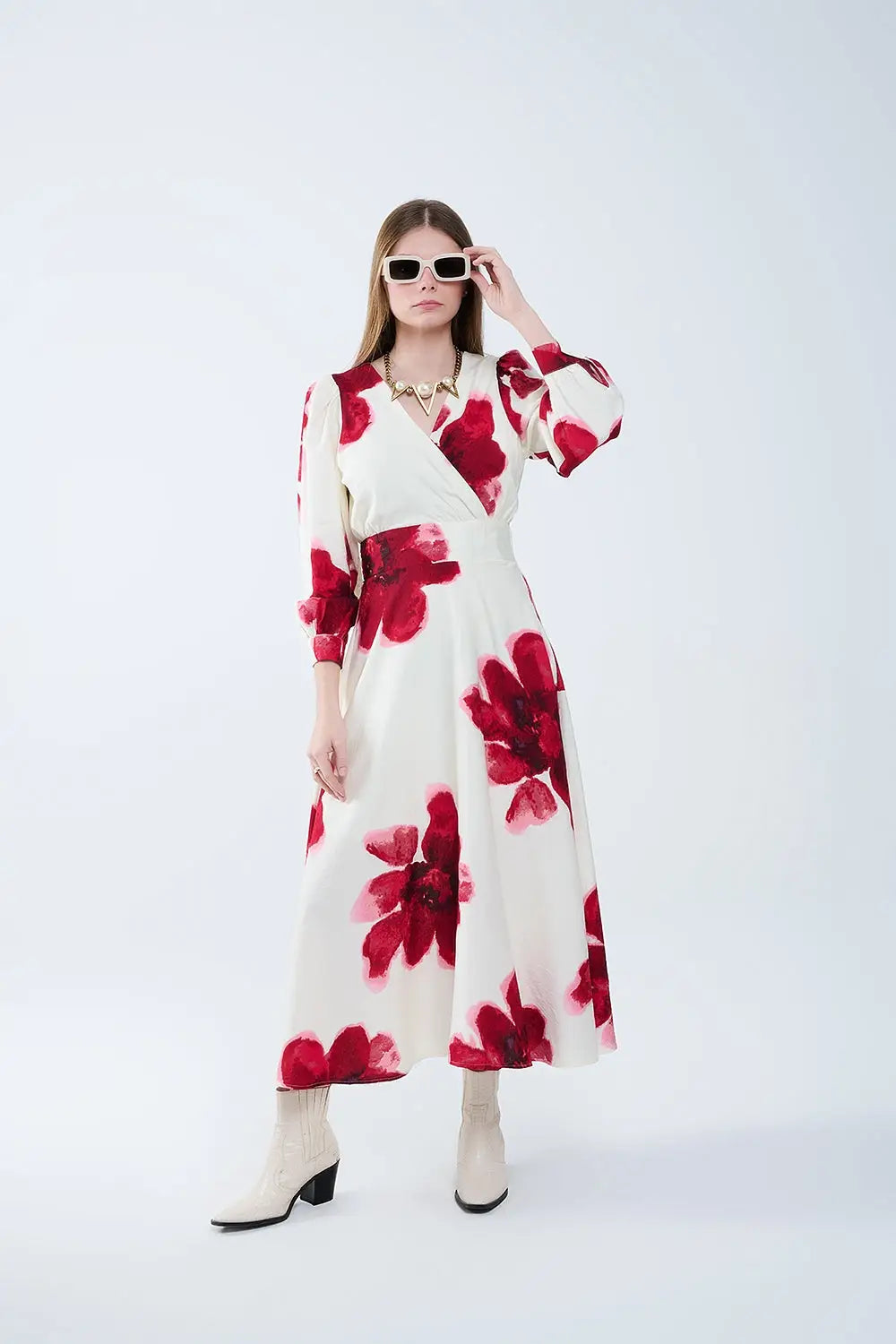 Beige Wrap Midi Dress With Red Tropical Floral Print and Long Sleeves - Dresses