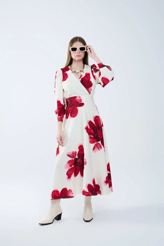 Beige Wrap Midi Dress With Red Tropical Floral Print and Long Sleeves - Dresses