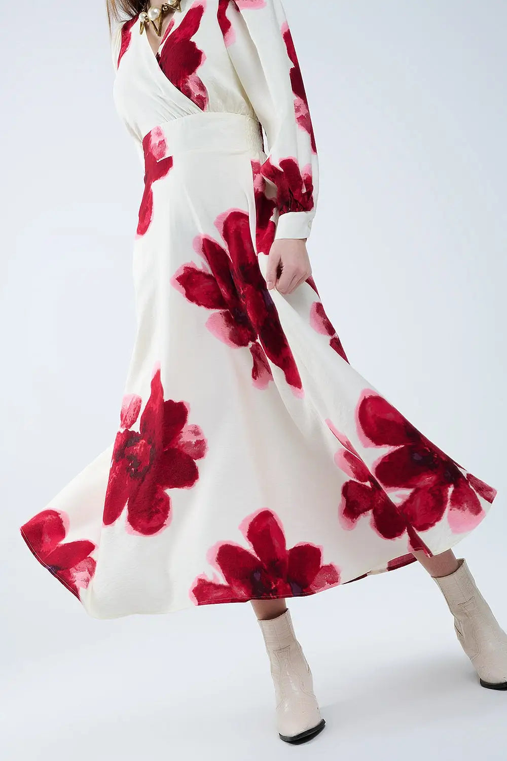 Beige Wrap Midi Dress With Red Tropical Floral Print and Long Sleeves - Dresses