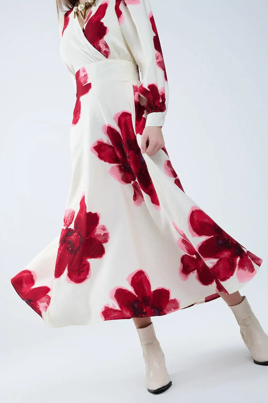 Beige Wrap Midi Dress With Red Tropical Floral Print and Long Sleeves - Dresses