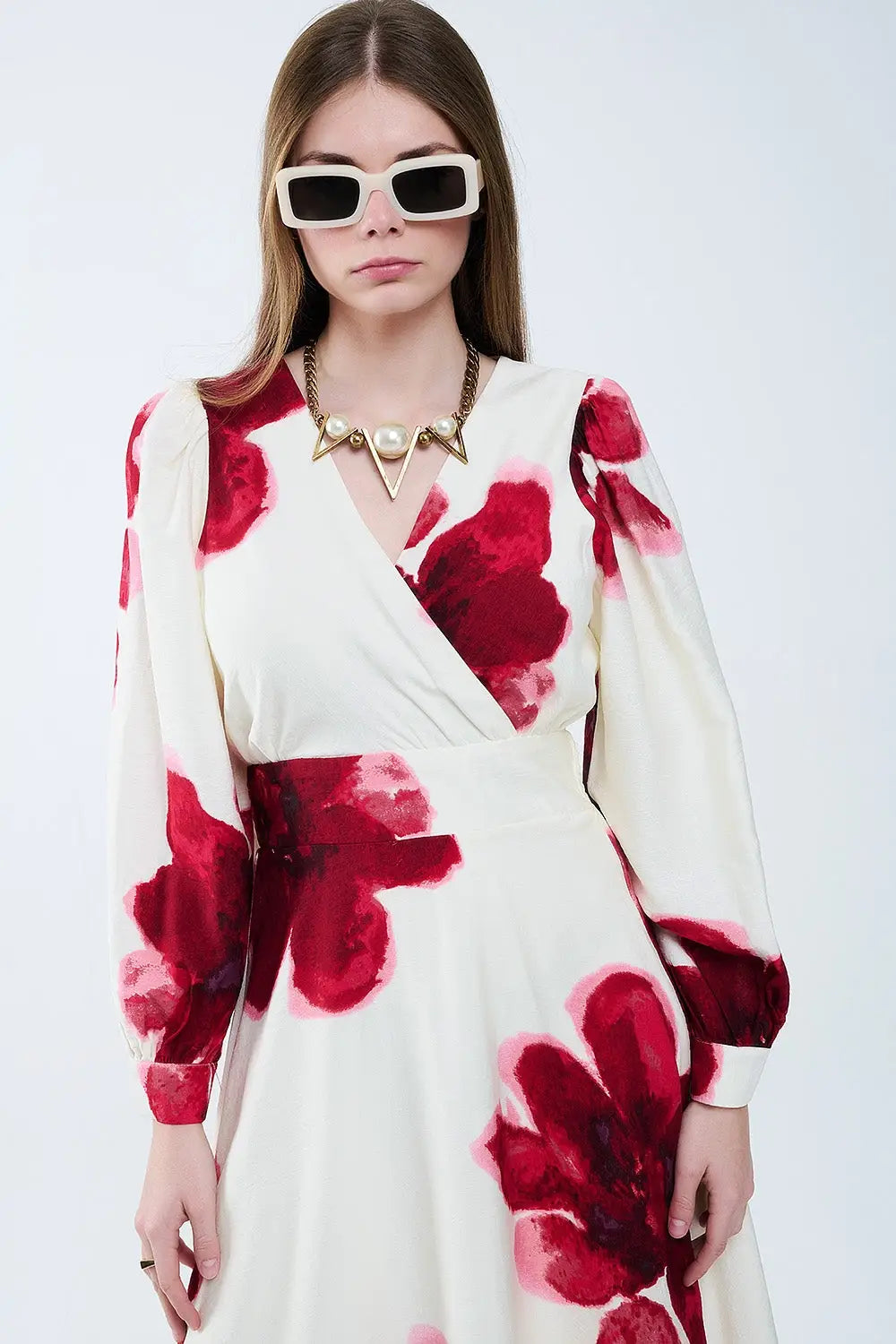 Beige Wrap Midi Dress With Red Tropical Floral Print and Long Sleeves - Dresses