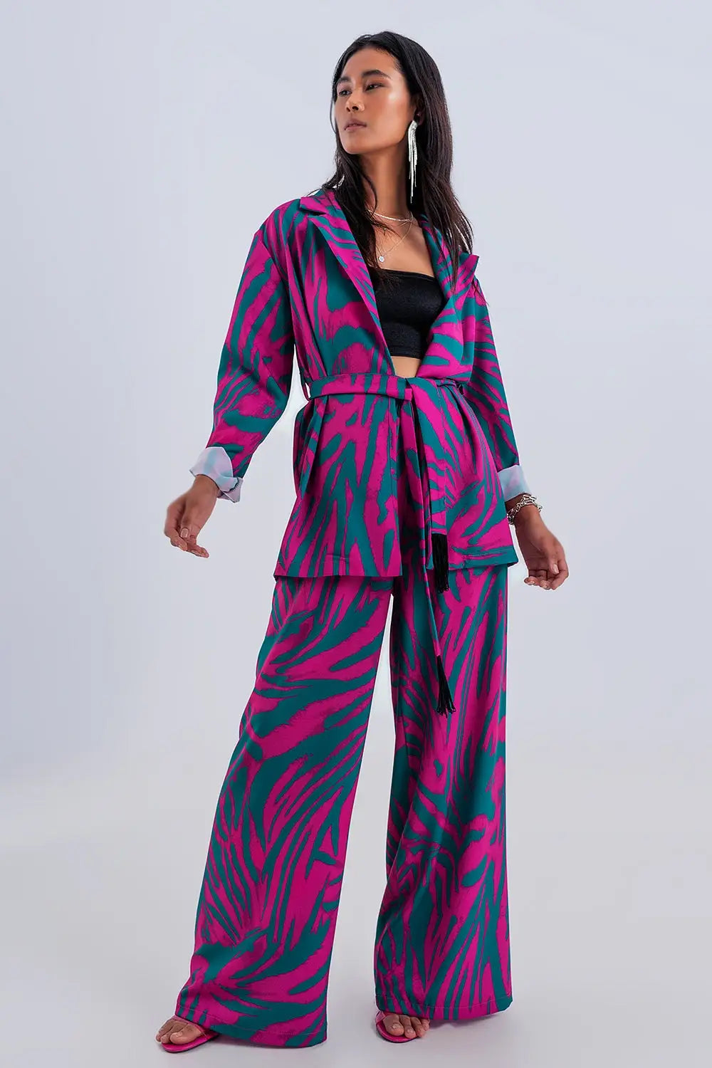 Belted blazer in green animal print - Coats and Jackets