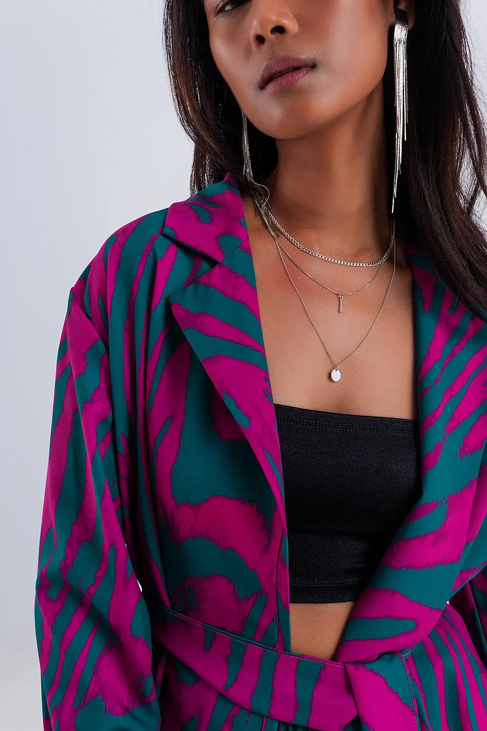 Belted blazer in green animal print - Coats and Jackets