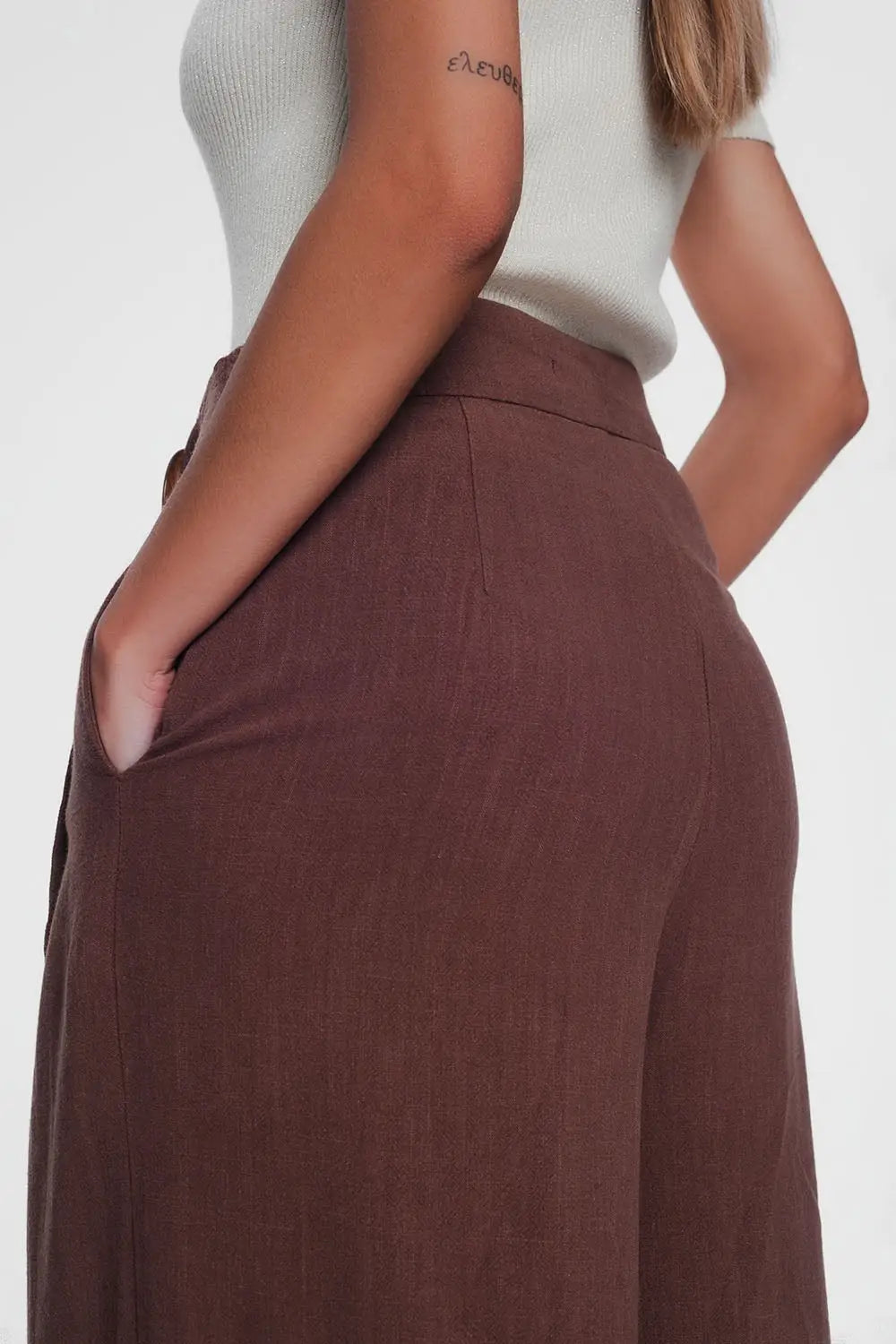 belted high waist wideleg trouser in brown - Pants