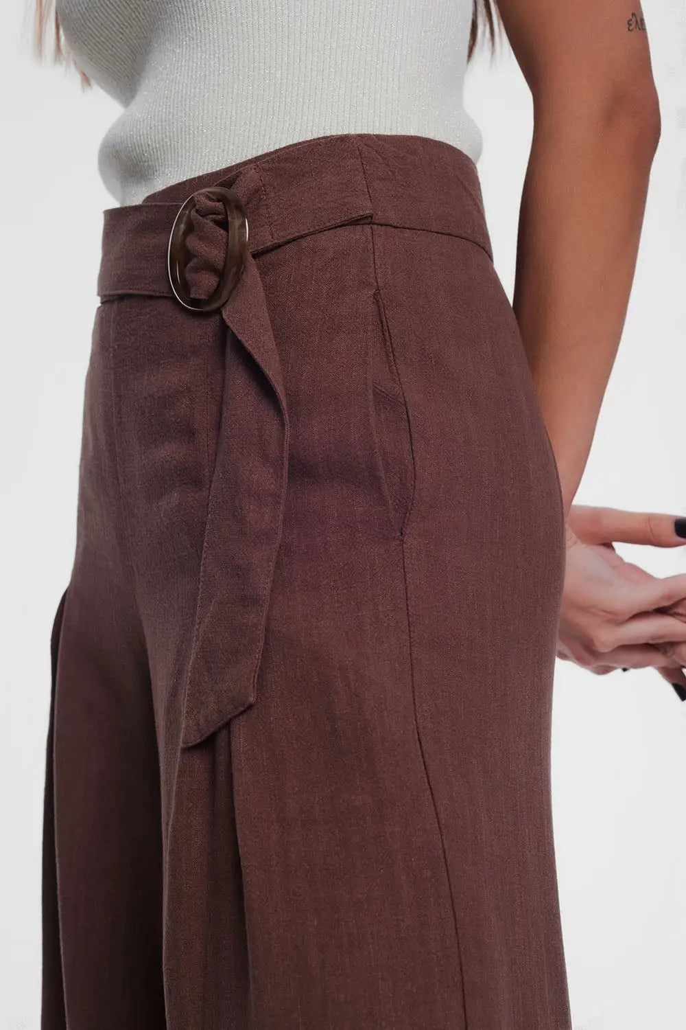 belted high waist wideleg trouser in brown - Pants