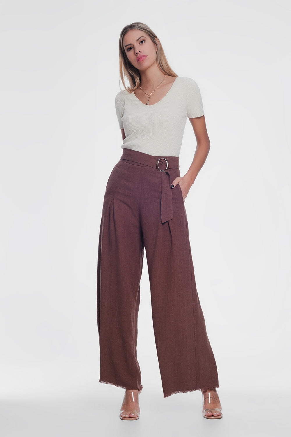 belted high waist wideleg trouser in brown