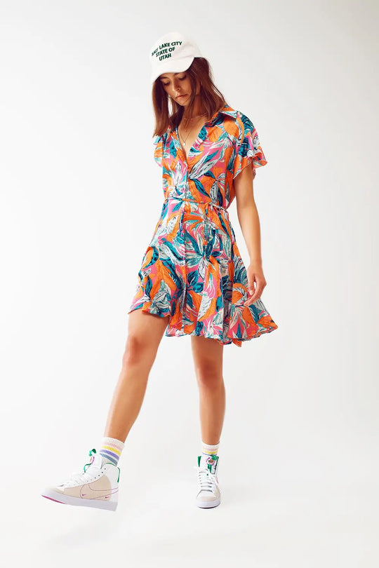 Belted Mini Shirt Dress With Floral Print in Orange - Dresses