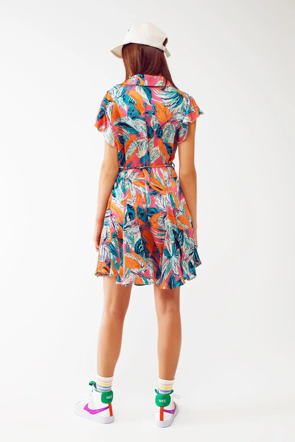 Belted Mini Shirt Dress With Floral Print in Orange - Dresses