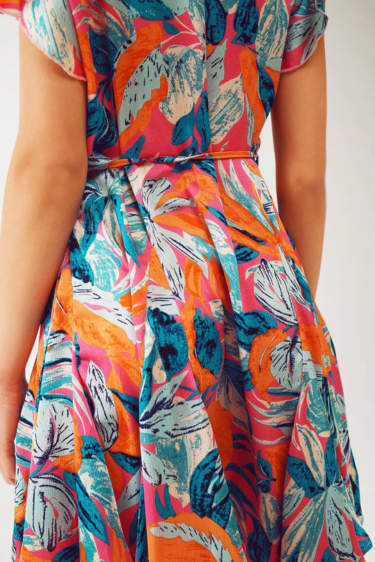 Belted Mini Shirt Dress With Floral Print in Orange - Dresses