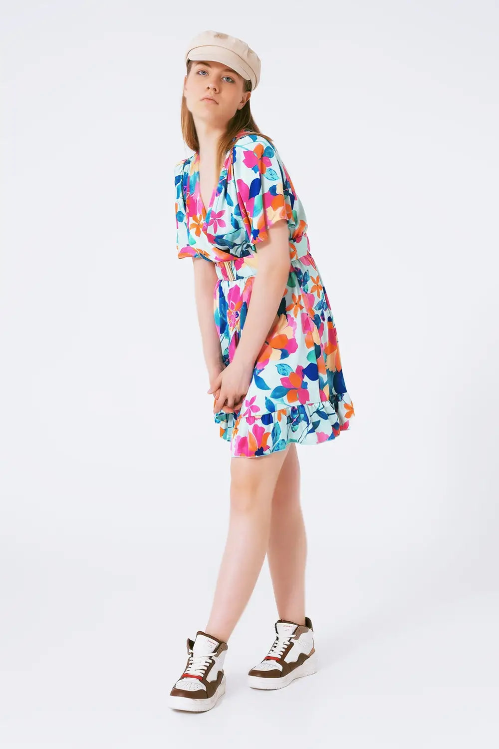 belted soft satin dress with flower print - Dresses