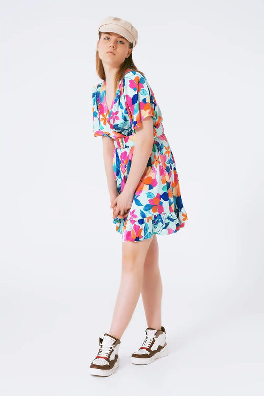 belted soft satin dress with flower print - Dresses