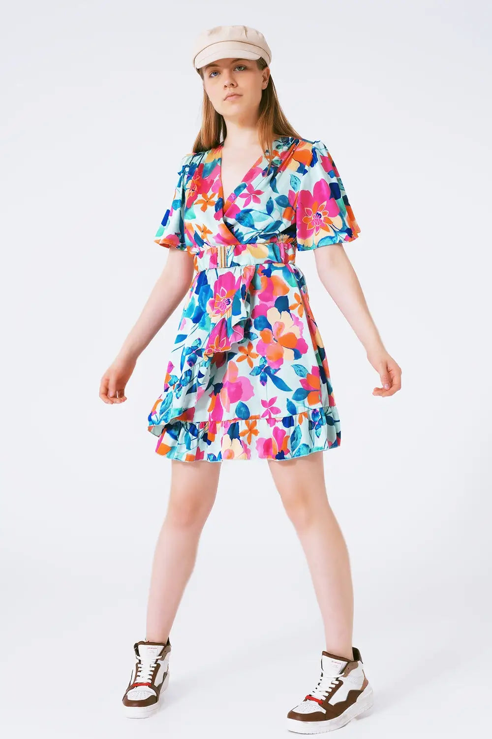 belted soft satin dress with flower print - Dresses