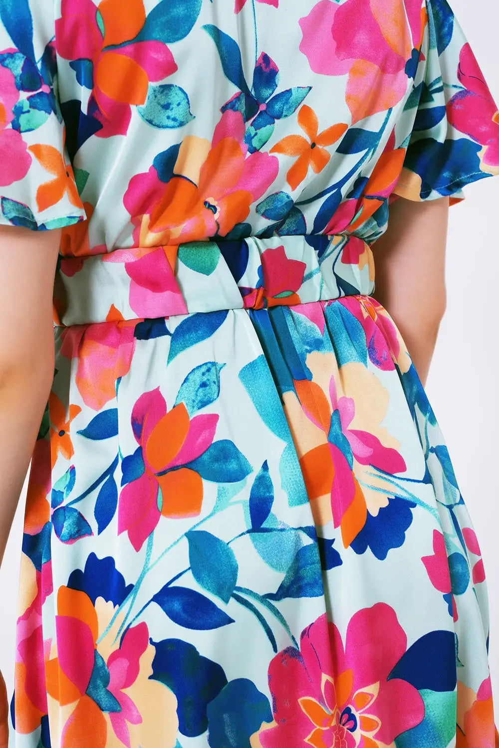 belted soft satin dress with flower print - Dresses