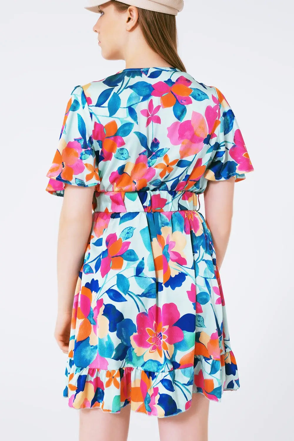 belted soft satin dress with flower print - Dresses