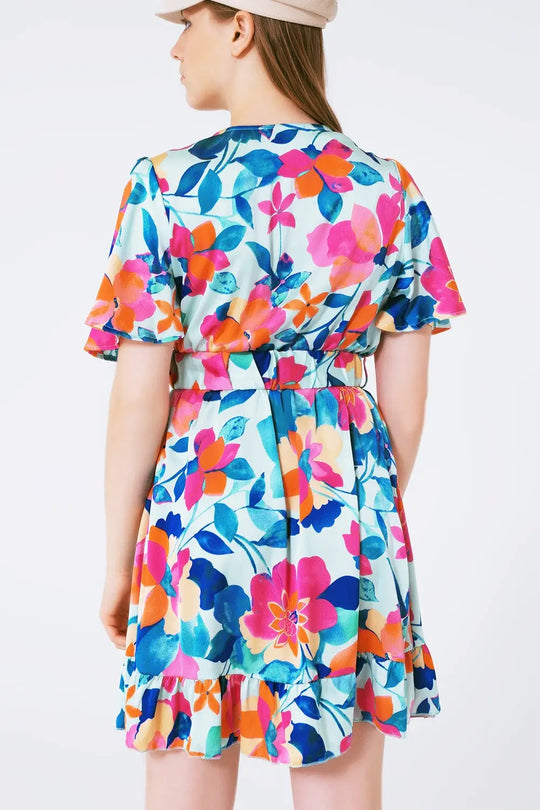 belted soft satin dress with flower print - Dresses