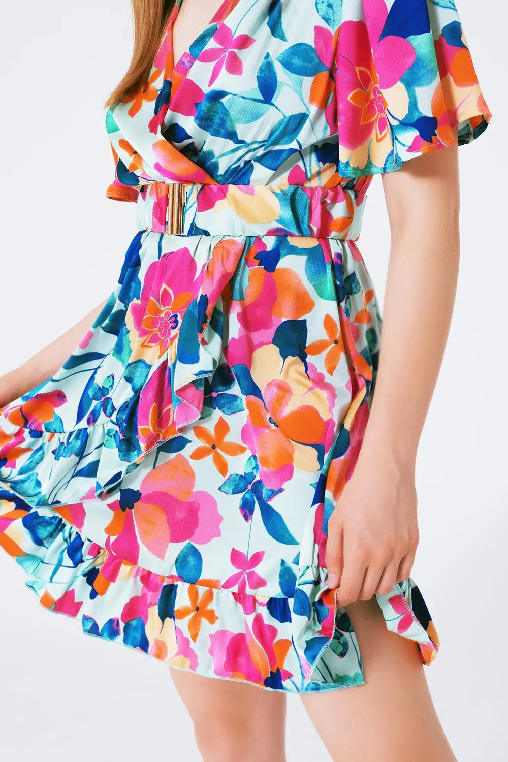 belted soft satin dress with flower print - Dresses