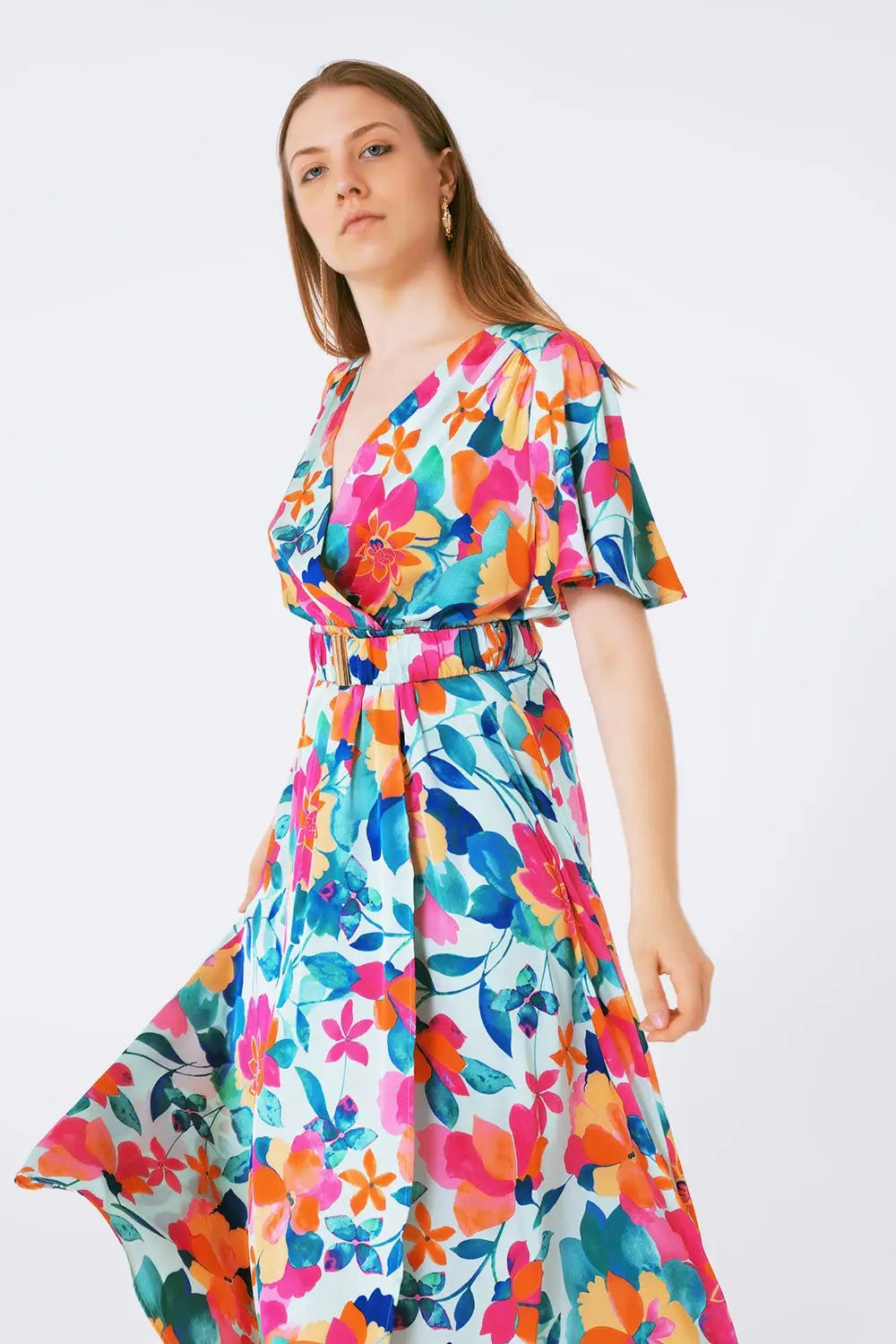 belted soft satin maxi dress with flower print - Dresses