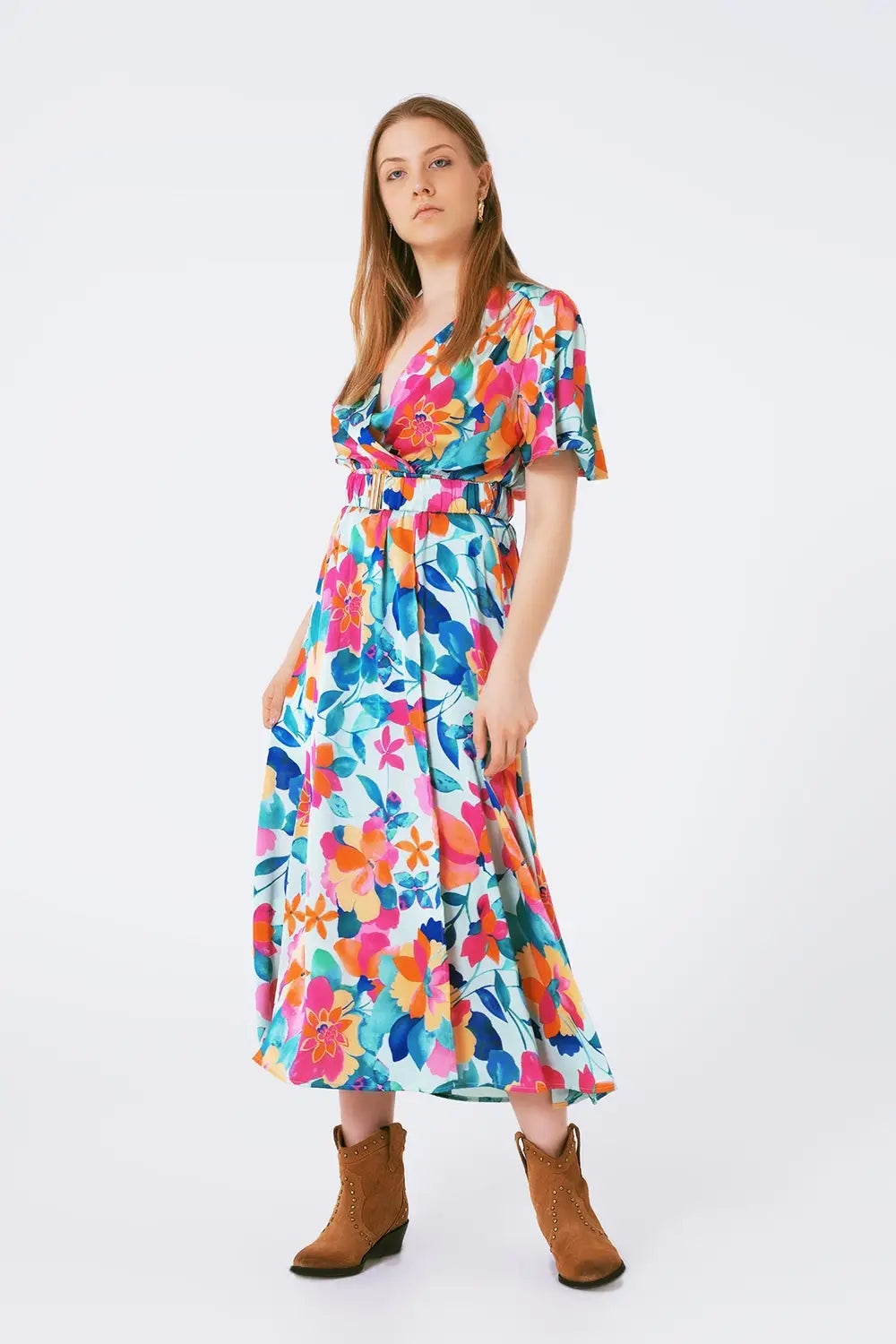 belted soft satin maxi dress with flower print - Dresses