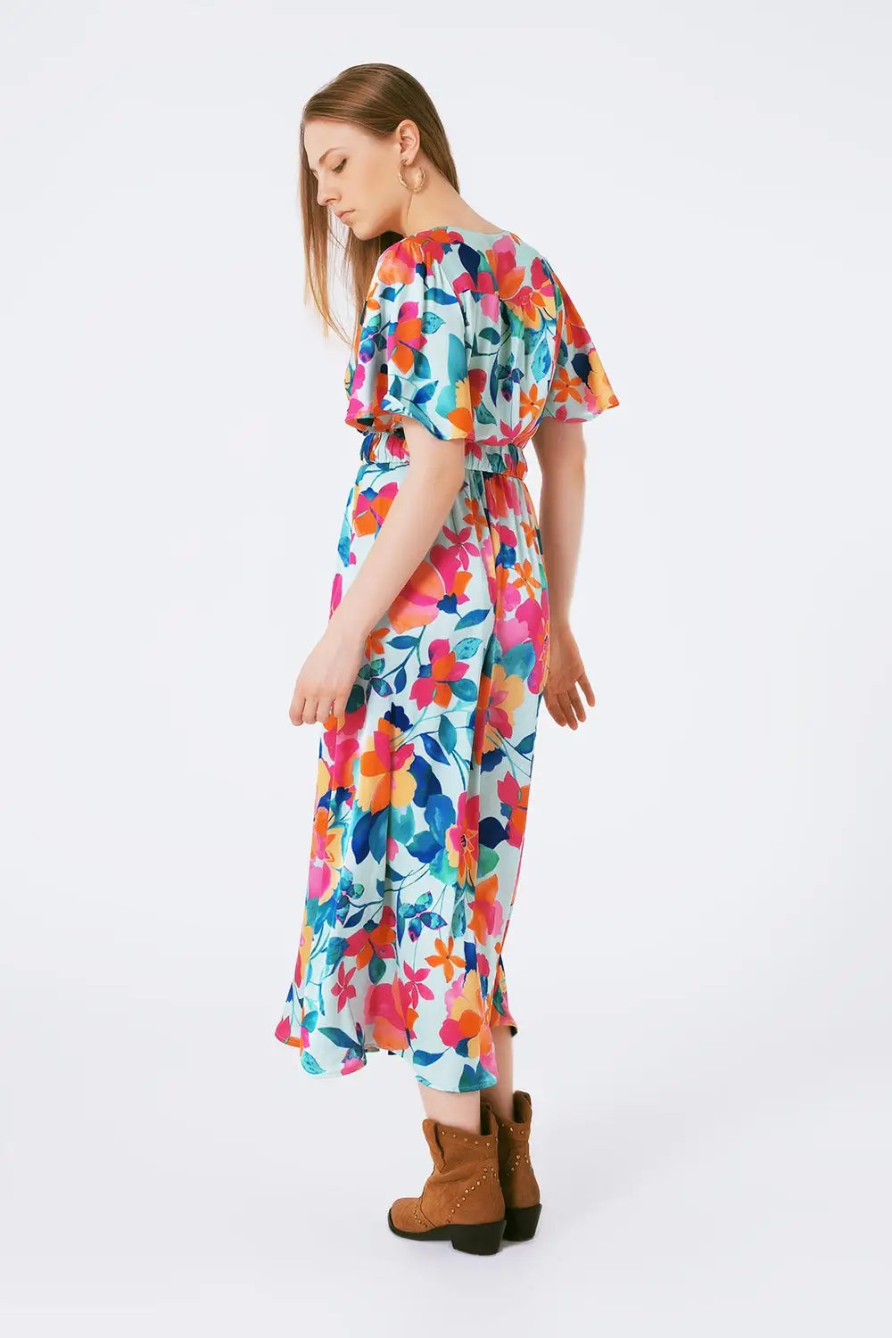 belted soft satin maxi dress with flower print - Dresses