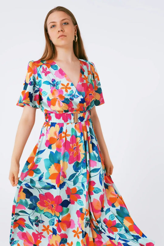 belted soft satin maxi dress with flower print - Dresses