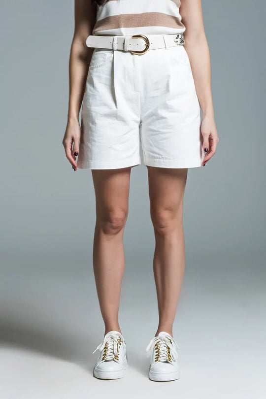 Q2 Bermuda Relaxed Fit Shorts With Front Pleats in White