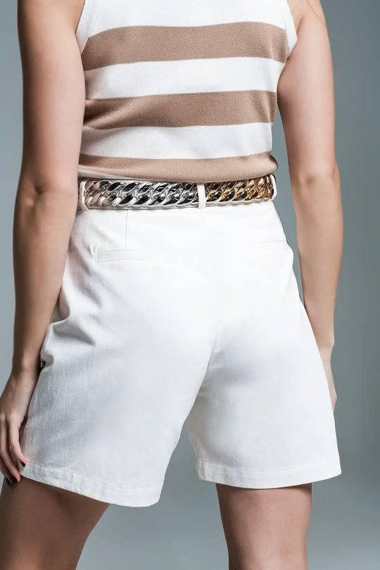 Bermuda Relaxed Fit Shorts With Front Pleats in White - Pants