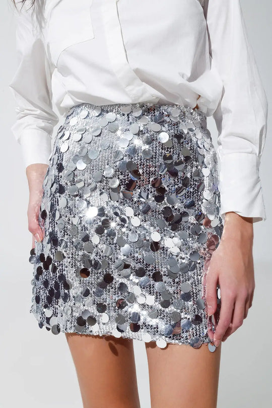 Big Sequin Mini Skirt in Silver - Skirts