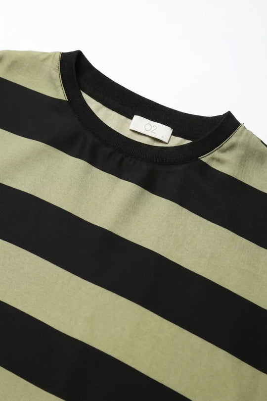 Black and Olive Green Stripe T-Shirt in satin fabric - Tops