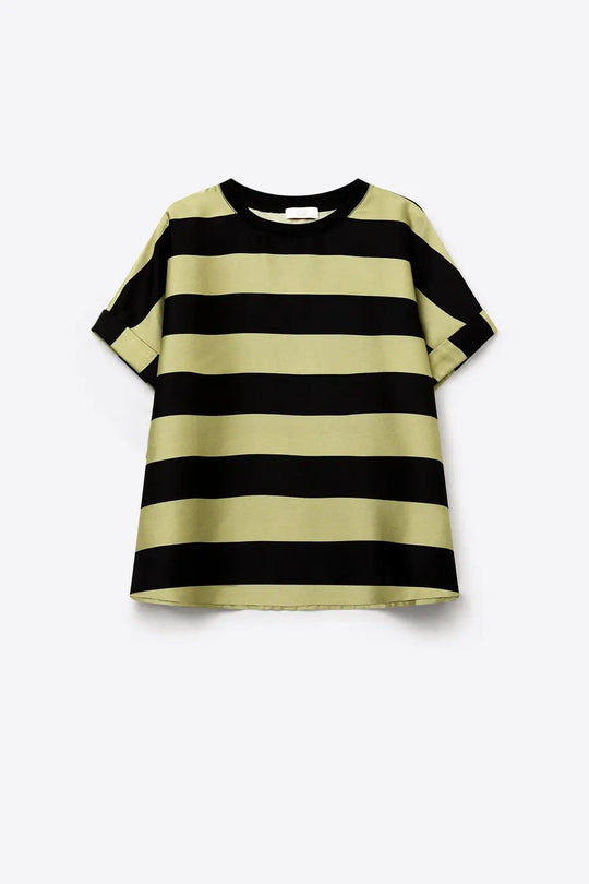 Black and Olive Green Stripe T-Shirt in satin fabric - Tops