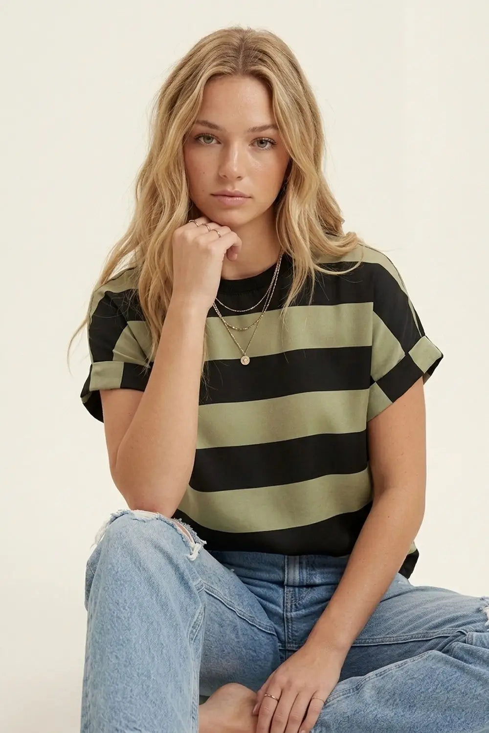 Black and Olive Green Stripe T-Shirt in satin fabric - Tops