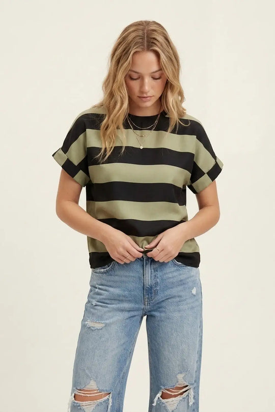 Q2 Black and Olive Green Stripe T-Shirt in satin fabric