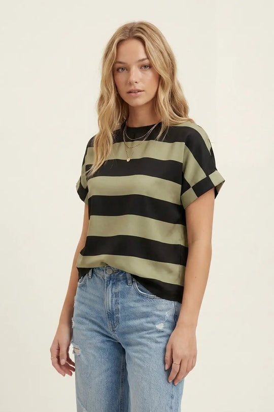 Black and Olive Green Stripe T-Shirt in satin fabric - Tops