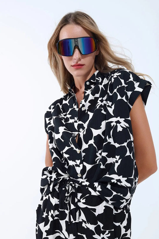 Black and white floral print shirt with short sleeves - Shirts