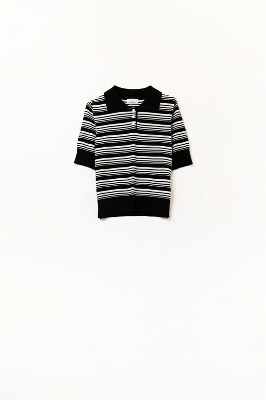 Black and White Striped Sweater With Polo Neck - One Size / Black - Sweaters